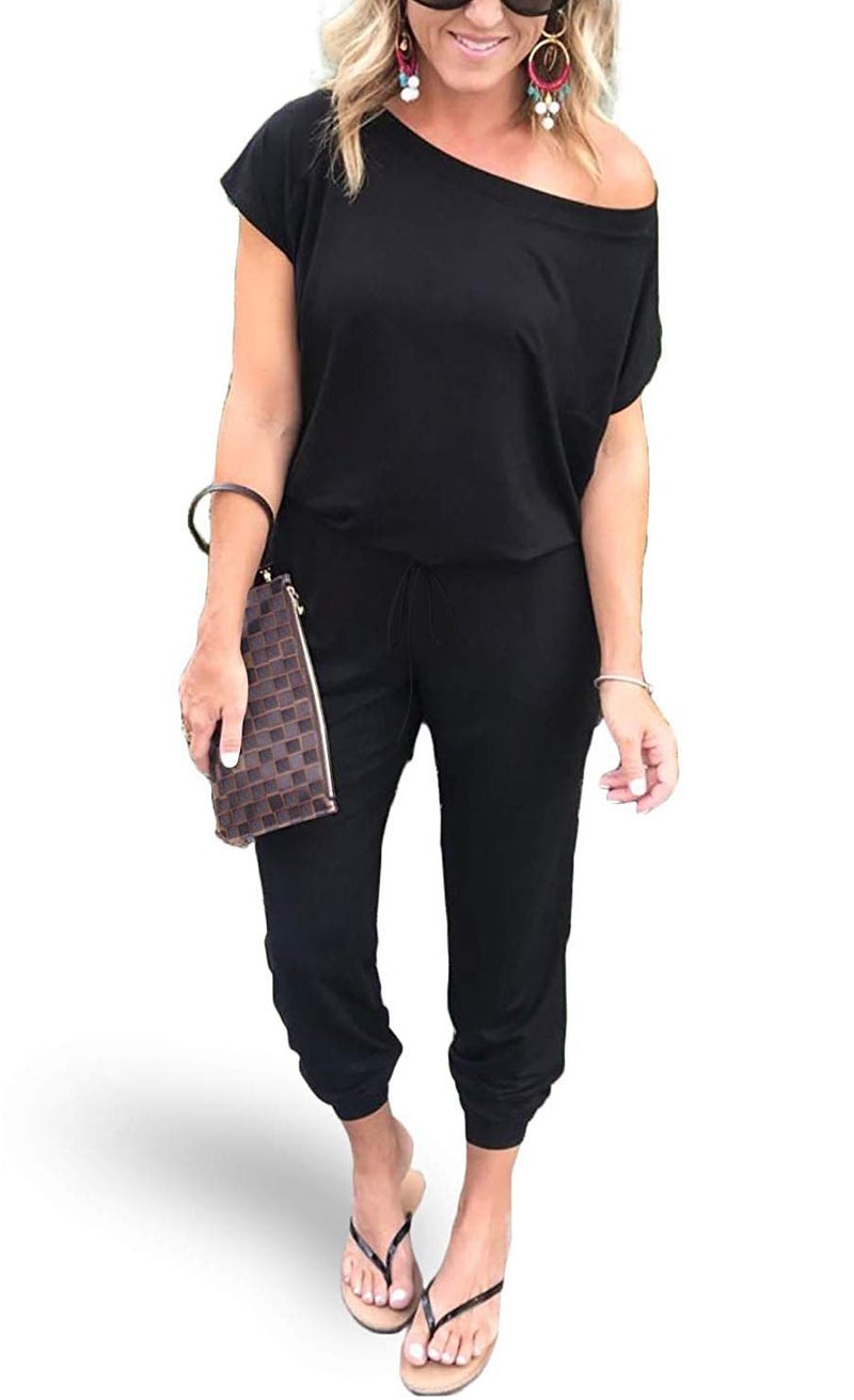 AMiERY Women's Sexy Off Shoulder Jumpsuit Solid Casual Elastic Waist Beam Foot Jumpsuits Rompers Black Medium - Image 1
